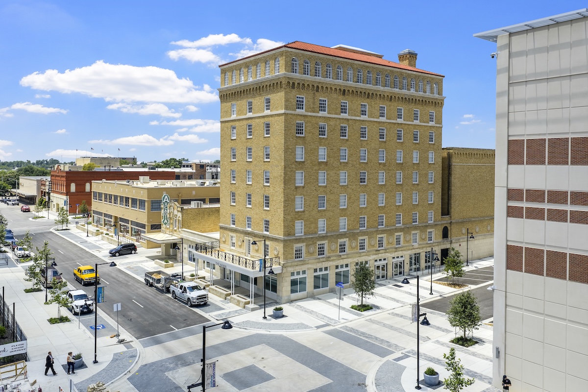 An arial view of the Hawn Tower apartments in the Hawn Plaza.