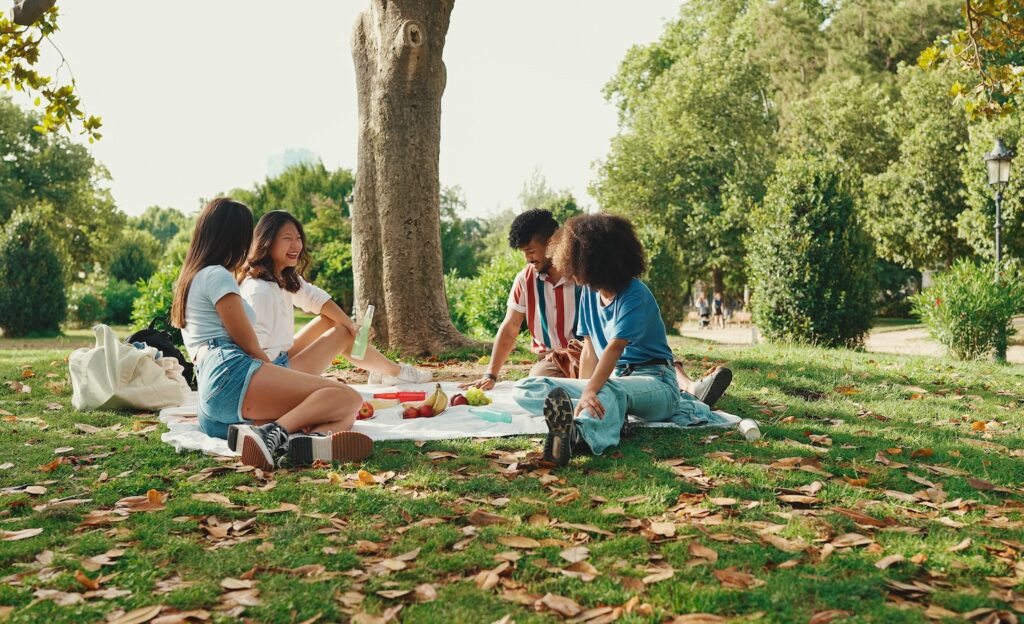 Friends enjoying a picnic on a sunny day at the park.
